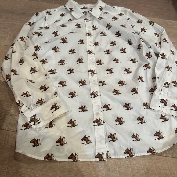 TALBOTS WOMENS XL HORSE SHIRT LONG SLEEVE BUTTON CREAM BROWN - Picture 2 of 8